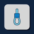 Filled outline Gallows rope loop hanging icon isolated on blue background. Rope tied into noose. Suicide, hanging or