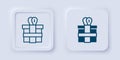 Filled and outline Gift box icon isolated on grey background. Square button. Vector Royalty Free Stock Photo