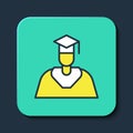 Filled outline Graduate and graduation cap icon isolated on blue background. Turquoise square button. Vector