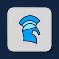 Filled outline Greek helmet icon isolated on blue background. Antiques helmet for head protection soldiers with a crest