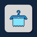 Filled outline Hanger wardrobe icon isolated on blue background. Clean towel sign. Cloakroom icon. Clothes service