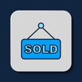 Filled outline Hanging sign with text Sold icon isolated on blue background. Auction sold. Sold signboard. Bidding Royalty Free Stock Photo