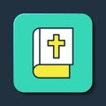 Filled outline Holy bible book icon isolated on blue background. Turquoise square button. Vector Royalty Free Stock Photo