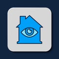 Filled outline House with eye scan icon isolated on blue background. Scanning eye. Security check symbol. Cyber eye sign Royalty Free Stock Photo