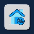 Filled outline House with percant discount tag icon isolated on blue background. House percentage sign price. Real