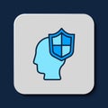Filled outline Human head with shield icon isolated on blue background. Vector Royalty Free Stock Photo
