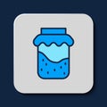 Filled outline Jam jar icon isolated on blue background. Vector