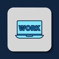 Filled outline Laptop with text work icon isolated on blue background. Vector
