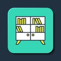 Filled outline Library bookshelf icon isolated on blue background. Turquoise square button. Vector