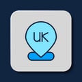 Filled outline Location England icon isolated on blue background. Vector