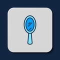 Filled outline Magic hand mirror icon isolated on blue background. Vector