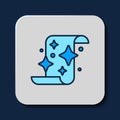 Filled outline Magic scroll icon isolated on blue background. Decree, paper, parchment, scroll icon. Vector