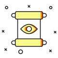 Filled outline Magic scroll icon isolated on white background. Decree, paper, parchment, scroll icon. Flat filled