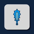 Filled outline Magic sword in fire icon isolated on blue background. Fiery sword. Magic weapon of knight, sorcerer