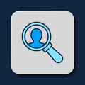 Filled outline Magnifying glass for search a people icon isolated on blue background. Recruitment or selection concept Royalty Free Stock Photo