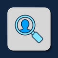 Filled outline Magnifying glass for search a people icon isolated on blue background. Recruitment or selection. Search Royalty Free Stock Photo