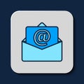 Filled outline Mail and e-mail icon isolated on blue background. Envelope symbol e-mail. Email message sign. Vector