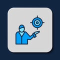 Filled outline Marketing target strategy concept icon isolated on blue background. Aim with people sign. Vector