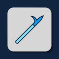 Filled outline Metal pike pole with wooden handle icon isolated on blue background. Spear, pickaxe, hook hand