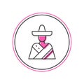 Filled outline Mexican man wearing sombrero icon isolated on white background. Hispanic man with a mustache. Vector