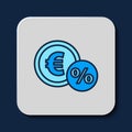 Filled outline Money coin with percent icon isolated on blue background. Cash Banking currency sign. Vector