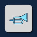 Filled outline Musical instrument trumpet icon isolated on blue background. Vector Royalty Free Stock Photo