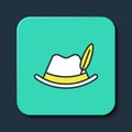 Filled outline Oktoberfest hat icon isolated on blue background. Hunter hat with feather. German hat. Turquoise square
