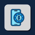 Filled outline Online poker table game icon isolated on blue background. Online casino. Vector