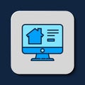 Filled outline Online real estate house on monitor icon isolated on blue background. Home loan concept, rent, buy