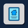 Filled outline Online real estate house on tablet icon isolated on blue background. Home loan concept, rent, buy, buying