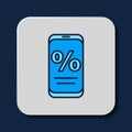 Filled outline Percent discount and mobile phone icon isolated on blue background. Sale percentage - price label, tag