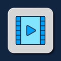 Filled outline Play Video icon isolated on blue background. Film strip with play sign. Vector