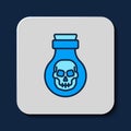 Filled outline Poison in bottle icon isolated on blue background. Bottle of poison or poisonous chemical toxin. Vector