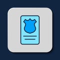 Filled outline Police badge with id case icon isolated on blue background. Vector Royalty Free Stock Photo