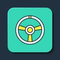 Filled outline Racing steering wheel icon isolated on blue background. Car wheel icon. Turquoise square button. Vector