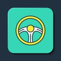 Filled outline Racing steering wheel icon isolated on blue background. Car wheel icon. Turquoise square button. Vector