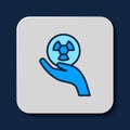 Filled outline Radioactive in hand icon isolated on blue background. Radioactive toxic symbol. Radiation Hazard sign