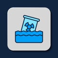 Filled outline Radioactive waste in barrel icon isolated on blue background. Toxic waste contamination on water