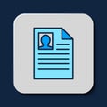Filled outline Resume icon isolated on blue background. CV application. Searching professional staff. Analyzing