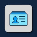 Filled outline Resume icon isolated on blue background. CV application. Searching professional staff. Analyzing