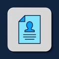 Filled outline Resume icon isolated on blue background. CV application. Searching professional staff. Analyzing