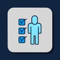 Filled outline Resume icon isolated on blue background. CV application. Searching professional staff. Analyzing
