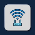 Filled outline Router and wi-fi signal icon isolated on blue background. Wireless ethernet modem router. Computer