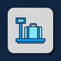 Filled outline Scale with suitcase icon isolated on blue background. Logistic and delivery. Weight of delivery package