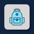 Filled outline School backpack icon isolated on blue background. Vector