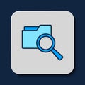 Filled outline Search concept with folder icon isolated on blue background. Magnifying glass and document. Data and