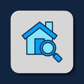 Filled outline Search house icon isolated on blue background. Real estate symbol of a house under magnifying glass