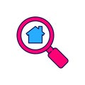 Filled outline Search house icon isolated on white background. Real estate symbol of a house under magnifying glass