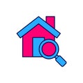Filled outline Search house icon isolated on white background. Real estate symbol of a house under magnifying glass