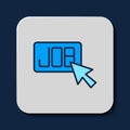 Filled outline Search job icon isolated on blue background. Recruitment or selection concept. Human resource and